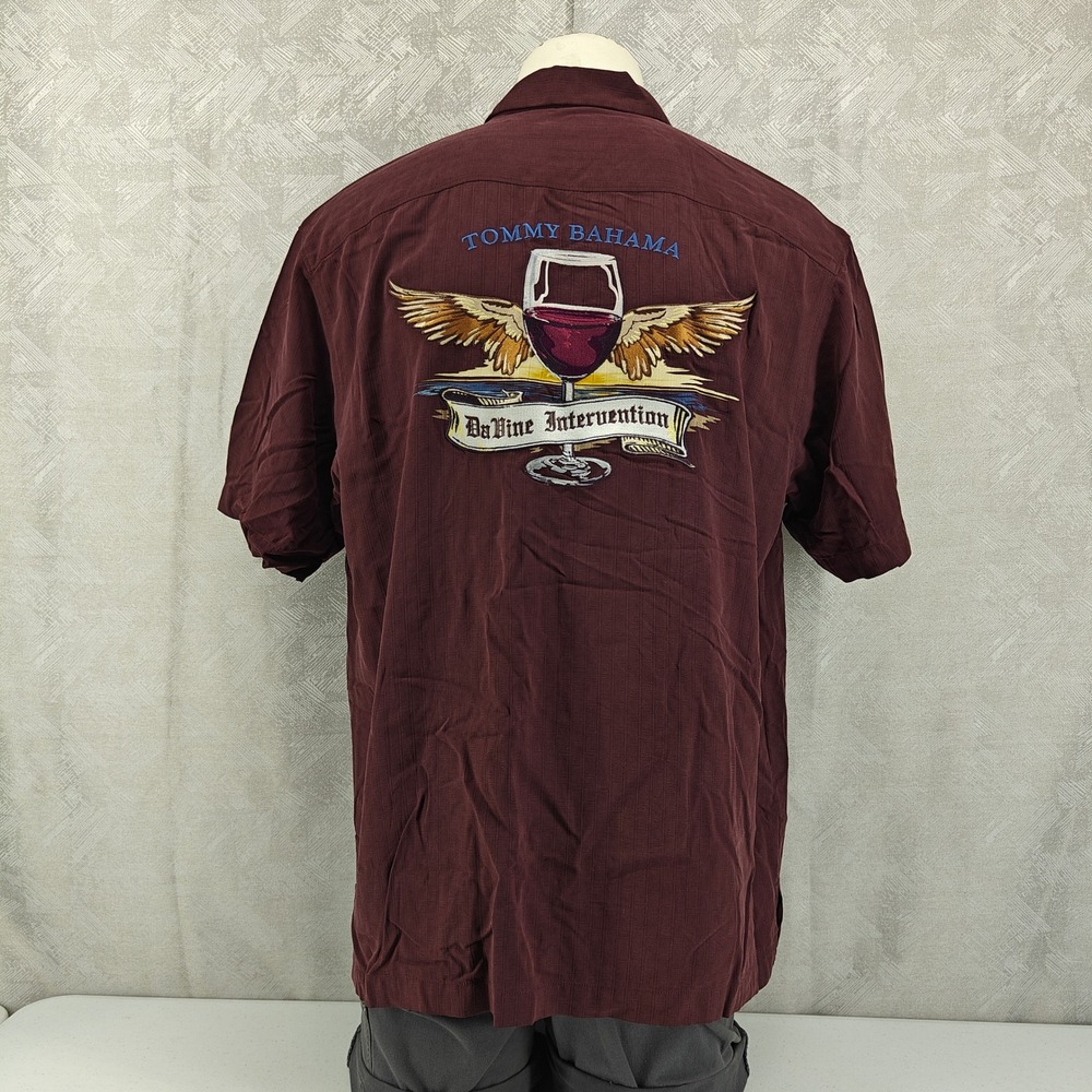 Tommy Bahama Shirt Mens Large Maroon Da Vine Intervention Silk Camp Embroidered